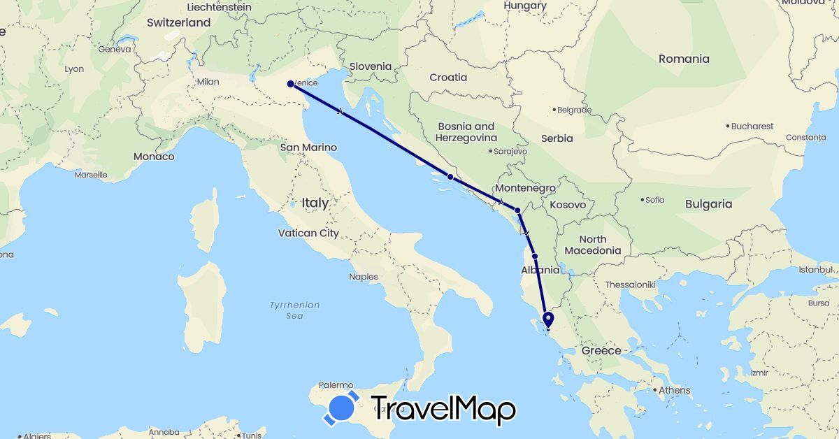 TravelMap itinerary: driving in Albania, Greece, Croatia, Italy, Montenegro (Europe)